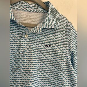 Vineyard Vines Performance Sankaty White Blue Fish Pattern Polo Size 6
